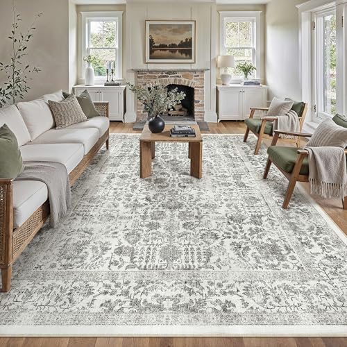 PureCozy Black Area Rug 9x12 Machine Washable Large Vintage Living Room Distressed Non Slip Carpet Traditional Indoor Bedroom Retro Floral Accent Throw Rug for Office Kitchen Dining Room 9'