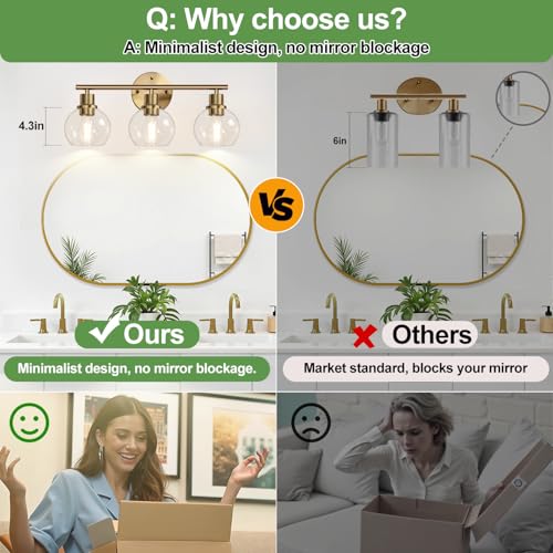 Image of Indoi 3-Light Bathroom Light Fixtures, Brushed Brass Bathroom Lights Over Mirror with Clear Glass Globe Shade, Vanity Lights for Bathroom Kitchen Living Room Hallway Cabinet Bedroom Porch