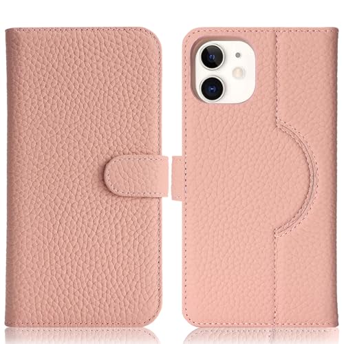 Image of Detachable Genuine Leather Case for iPhone 12 /12 Pro Wallet Case Magnetic 2in1 Removable Flip Cover Book Purse Compatible with Magsafe Charging Kickstand Card Holder-Pink