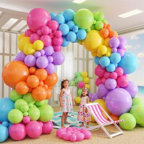 Image of 412pcs Summer Tropical Balloon Arch Garland Kit, Different Sizes 18 12 10 5inch Rainbow Hot Pink Green Orange Blue Purple Balloons for Hawaiian Luau Aloha Baby Shower Birthday Party Decorations