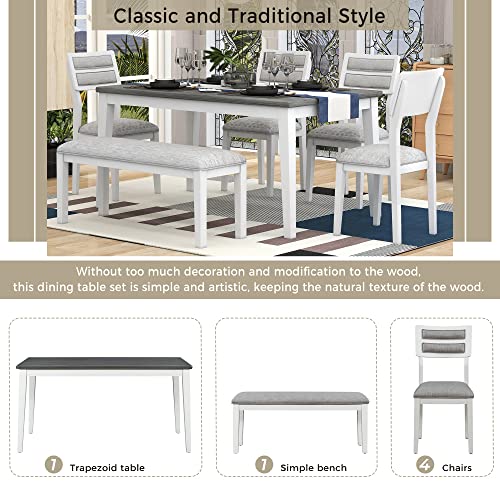 Aprilsoul Classic And Traditional Style 6-Piece Dining Set, Includes 1 Table, 4 Upholstered Chairs & Bench, Easy To Assemble, For Living, Guest Room, Home Bar And Kitchen, White+Gray #TOP5