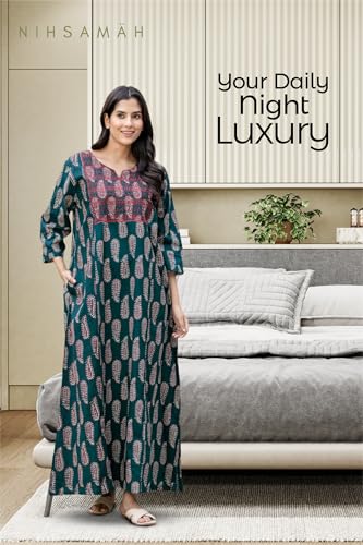 Image of NIHSAMAH Cotton Nighty for Women - Printed Stylish Night Gown, Comfortable Sleepwear Long Nightwear, Maxi