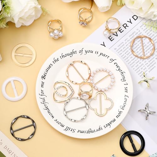 Image of Hoteam 16 Pcs Scarf Ring Clip Tshirt Tie Clips for Women Fashion Metal Round Circle Buckle Clothing Ring Wrap Holder with 1 Storage Bag