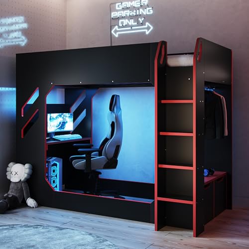 Flair Furnishings Recoil - Single High Sleeper Bed for Kids Gaming Bed with Desk and LED Lighting Heavy Duty and Sturdy TV Compatible Space-Saving Design (Black)