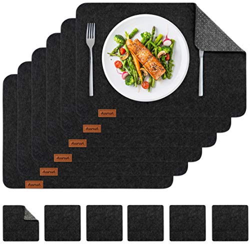 AuruA® Platzset Filz, 12er Tischset abwischbar, rutschfeste Unterseite, 6 Tischunterlagen + 6 Untersetzer, Tisch-Deko mit Leder-Patch, 43 x 30 cm Cover