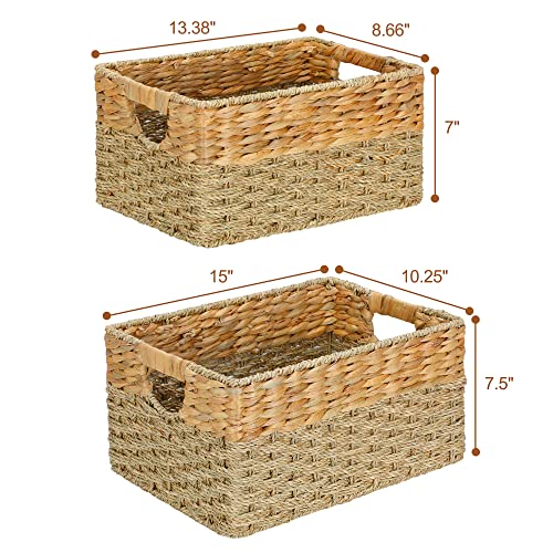 Meelotop Water Hyacinth Storage Baskets, Large Woven Wicker Storage Baskets With Handles, Rectangular Decorative Storage Baskets For Organizing, Shelves, Bathroom, Closet, Set Of 2 #TOP1