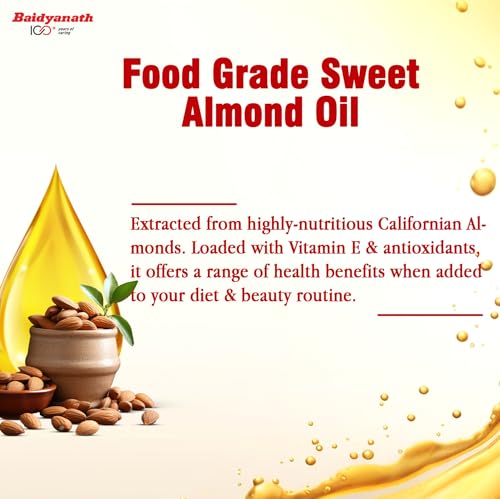 Image of Baidyanath Pure Rogan Badam Almond Oil | 100% Pure Sweet Almond Oil for Hair, Skin & Heart Health, Rich in Vitamin E & Antioxidants | 100 ml