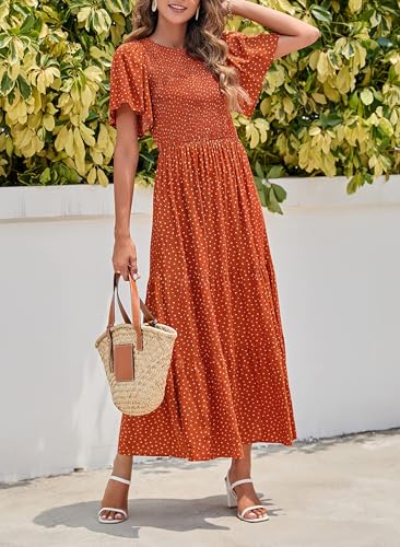 Image of ZESICA Women's 2026 Summer Boho Floral Maxi Dresses Casual Short Flutter Sleeve Smocked Tiered Flowy Dress