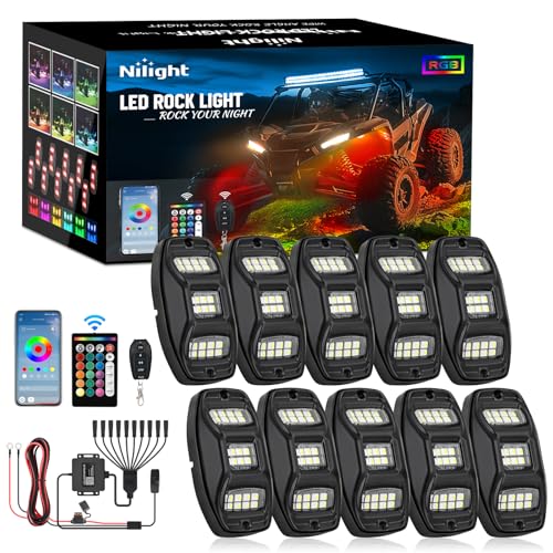 Image of Nilight RGBW LED Rock Lights Kit, 10 Pods 22LED Wide Angle Remote & Bluetooth App Dual Control with Music Modes Multicolor Underglow Neon Wheel Well Light Fit for ATV UTV SUV Offroad Truck RZR Boat