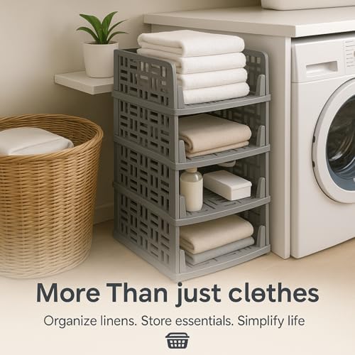 Image of Foldable Drawer Organizer with Stackable Storage Boxes for Wardrobe & Cupboard | Multipurpose Space Saving Storage Bins for Clothes, Toys, Books & Daily Essentials, Grey (Pack of 3)