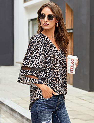 Lookbookstore Women Leopard Print Tops For Women Summer Going Out Tops Summer Tops 2023 V Neck Casual Leopard Printed Blouse 3/4 Bell Sleeve Loose Top Shirt Size L Casual Tops Size 12 Size 14 #TOP3