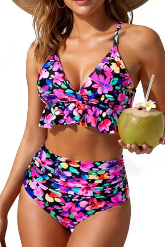 Image of Women Ruffle Bikini Set High Waisted Tummy Control Two Piece Swimsuits | Ruffle,High Waisted,Tummy Control,Removable Bra Pads,Adjustable Shoulder Straps,Full Coverage