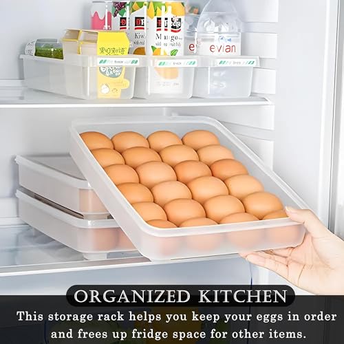 Image of Kuber Industries Plastic Egg Tray for Fridge | 24 Grid Egg Storage Box for Fridge Kitchen & Pantry | Stackable Eggs Dispenser Holder with Lid - White