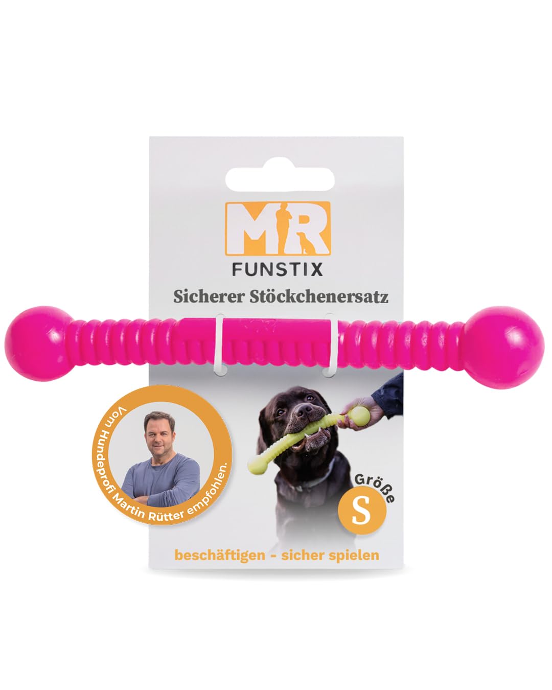 Martin Rütter FUNSTIX Stöckchenersatz für Hunde Größe: S, Farbe: Neonpink – Flexibler & sicherer Apportierstab aus TPE – Schwimmfähig, robust & lebensmittelecht