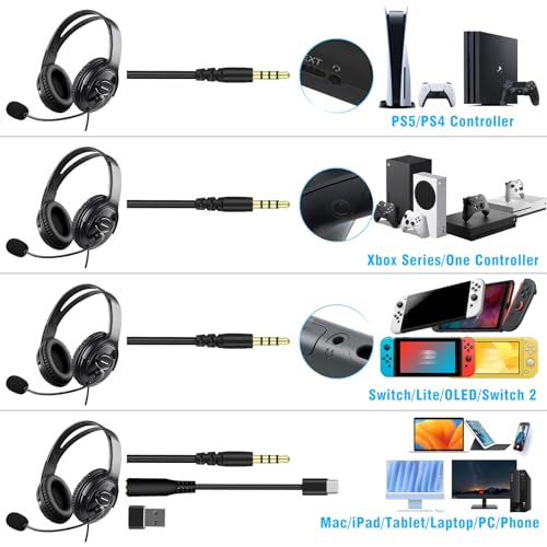 Image of Joso Wired Headset with Mic, Gaming Headset for PS5 /PS4 /Xbox /Switch /PC /iPad /Mac /Tablet with USB C & USB-A Adapter - Chat Headphone, Business, Coach, Gaming, Working, Black | Dual Ear