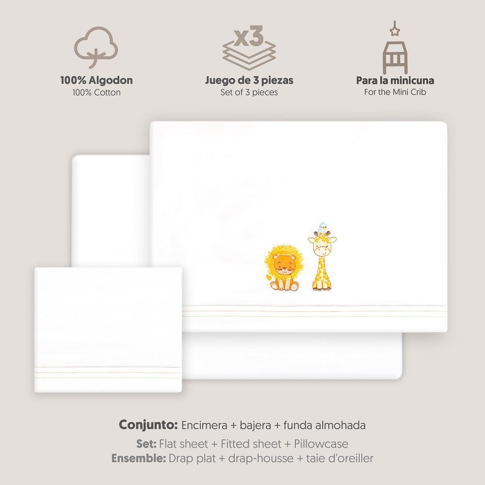 Interbaby - Parure de lit pour Berceau 50 x 80 cm, 100% Coton, avec Drap-Housse, Drap Plat et taie d'oreiller, idéale pour Printemps, été, Lion Girafe Oiseau Blanc