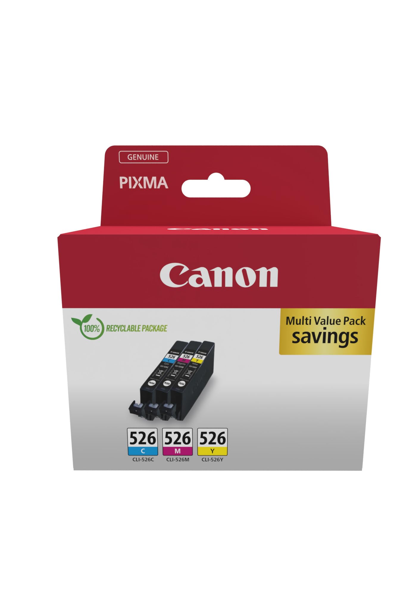 Canon CLI-526 C M Y Vorteilspack 3 Tintenpatronen (Cyan, Magenta, Gelb) Original [Umweltfreundliche Recycle-Kartonverpackung 2024]