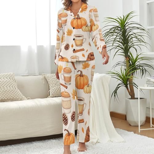 Fall Watercolor Pumpkin Womens Pajamas Coffee Latte 2 Piece Pajama Set for Women2