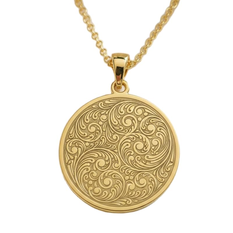Collier pendentif rond argent orné de gravures chaîne maille forçat 45cm