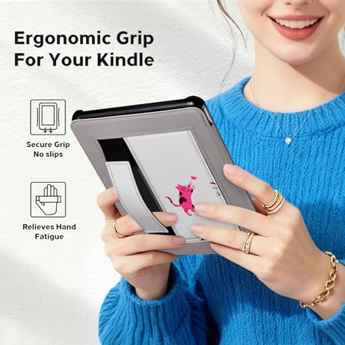 Image of CoBak Lightweight Stand Cute Case for 7 inch Kindle Paperwhite 12th Gen 2024 and Kindle Colorsoft with Right Hand Strap - Compatible with iPhone MagSafe, for Samsung /Anker Wireless Charging Pads
