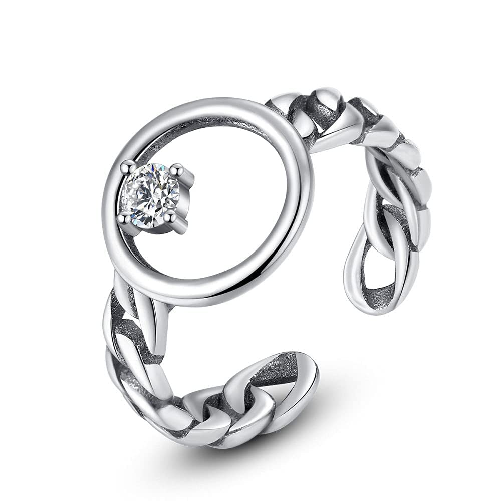 Elegante anello regolabile per donna - Anello da dito aperto a disco vintage S925, con anello articolato impilabile in zirconio 3A, regali economici per festival per donne e G