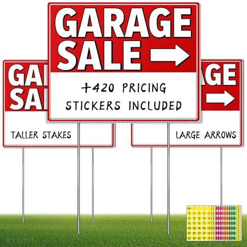 Garage Sale Signs with Stakes (3 Pack Kit) - Double Sided Yard Sale Signs with High-Visibility Arrows 17x13 Inch Garage Sales Kit & Yard Supplies with 420 Pricing Stickers Weatherproof 4mm Corrugated Plastic