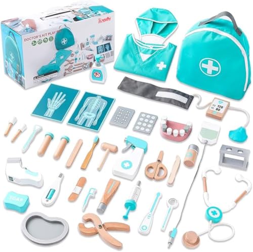 Image of Wudly 34-Piece Wooden Doctor Kit for Kids - Pretend Play Medical Set with Stethoscope & Accessories - Educational Toy for Toddlers, Boys & Girls Ages 3+