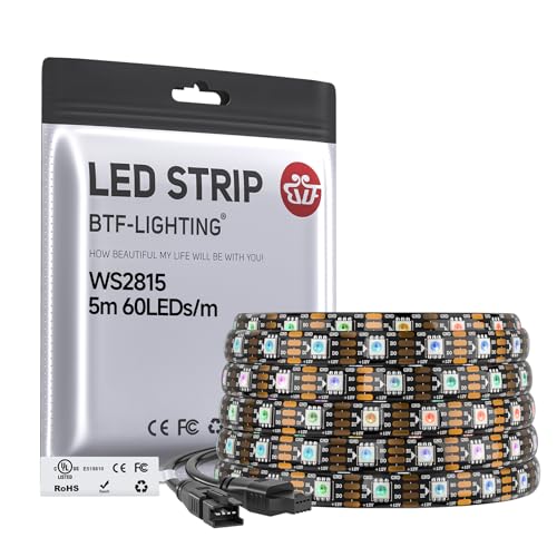 BTF-LIGHTING WS2815 (Upgraded WS2812B) LED Strip Light,UL Listed,16.4FT 300 LED/Pixels,Flexible Chasing RGB,Dual Signal Individually Addressable,5050SMD,3M Tape,DC12V IP65(No Adapter or Controller)