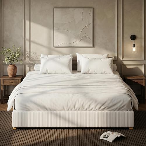 GAOMON Full Size Cloud Bed Frame,Upholstered Platform Bed with Solid Wood Legs, Corduroy Low Bed Frame for Bedroom,No Fixed Headboard, No Box Spring Needed,Noise Free, Easy Assembly,White Wh