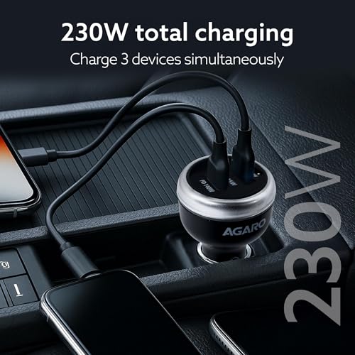 Image of AGARO Flash Car Charger, 230W, 3 Ports Fast Car Charger, Dual Type-C PD 140W + 45W, USB-A Post 45W, Supports Super-Fast Charging, for Smartphones, iPhones, Tablets, Earbuds & More - Black