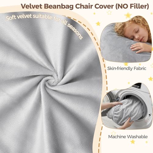 Image of Stuffed Animal Storage Bean Bag Chair Cover for Kids (No Filler), Soft Comfy Velvet Beanbag Chair Cover Machine Washable,Kids Bean Bag Chair with Handle for Living Room Bedroom Dorm,Light Gray