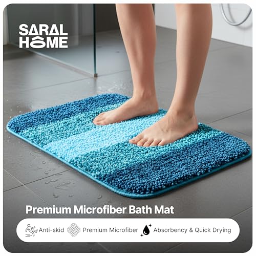 Image of Saral Home Microfiber Striped Anti-Skid Bath Mats, 35x50 CM | Pack of 2 (Turquoise)