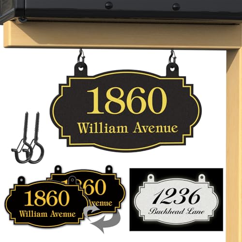 Custom Hanging Address Sign Metal House Number for Outdoor Mailbox Number Address Plaque (13 x 7.5) Yard Sign Displays Street Name High Visibility Easy Install Multiple Colors and Fonts (A1)