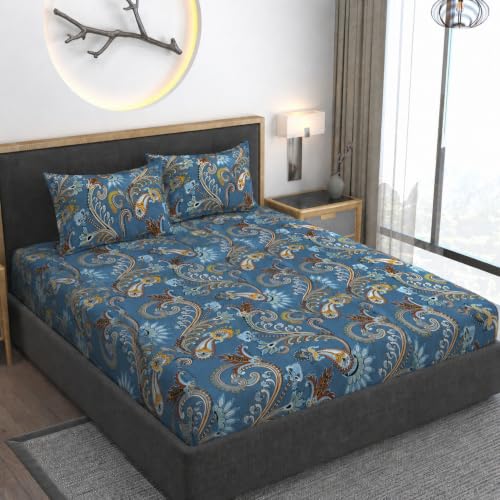 Image of Vaini Premium Heavy Cotton Elastic Fitted Bedsheets with 2 King Size Pillow Covers || Double Bed with All Around Elastic 350 (Blue Jaipuri, 72x72 Inch King Fitted)