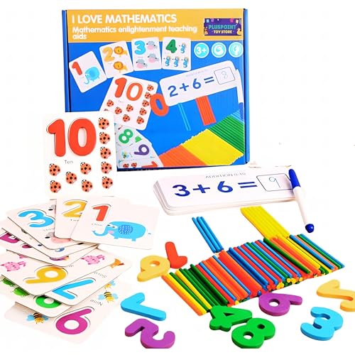 Image of PLUSPOINT Wooden Number Counting Math Game with Flash Cards and Counting Stick Calculation Montessori Toys Game for Toddlers Age 3-10 Year Olds Kids