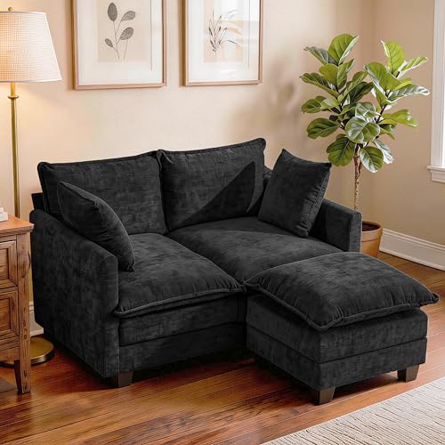 Image of Loveseat Sofa with Ottoman, Cloud 3-Layer Cushion, 27 inch Deep Seat Love Seat Small Couch with 2 Pillows for Small Spaces, Bedroom, Apartment, Office, Living Room, in a Box, 50-Inch Black