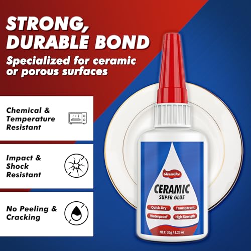 Ceramic Glue, Best Super Glue for Ceramic, Porcelain, Pottery and China Repair - Ultra Strong, Waterproof, High Temperature Resistant, Food Grade Adhesive for Mugs and Dishes, Tiles, Crafts, and More