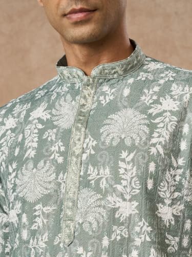 Image of Manyavar Men's Cotton Blend Floral Print Full Sleeves Long Kurta Pyjama Set (2pcs)