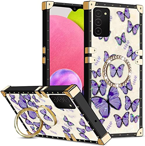 Didan Square Rivet Coque pour Samsung Galaxy Note 20 Cover Étui Housse Carrés Case avec Bague Support Élégant Papillon Absorption des Chocs Doux Bumper,Violet