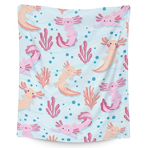 Girl Blanket - 60x80 Inches Cute Axolotl Throw - Light Blue Soft Fuzzy Blankets for Bed, Couch & Living Room