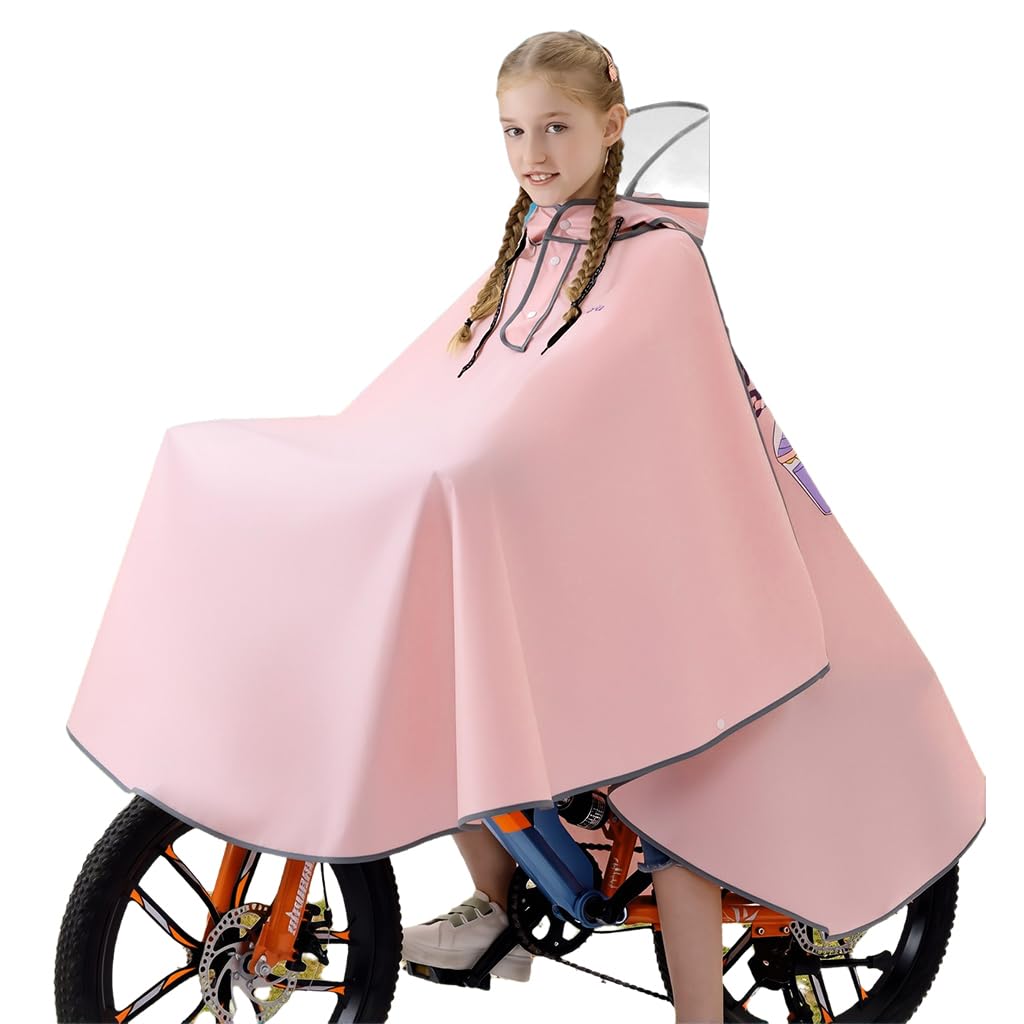 PATPAT® Bicycle Rain Poncho Rain Coat for Kids Girls,Outdoor Hooded EVA Poncho with Clear Wide Brim,High Collar Coat for School Camping Hiking Riding 3XL Pink-image-5