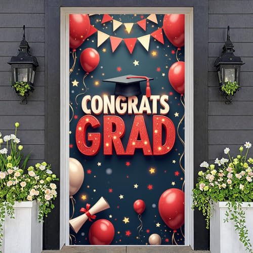Graduation Door Banner Decorations Congrats Grad Door Cover Graduation Banner Backdrop Class of 2026 Party Decorations Supplies for Preschool High School College Grad 70.8 x 35.4 inches - Red - image 1
