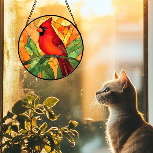 Image of DASTOLL Stained Glass Window Hanging 4 Pcs Set Birds 9.8 inch - Cardinal Blue Jay Suncatcher Door Garden Sun Catcher Decor Birthday Christmas for Bird Lovers Mom Woman Nana Men