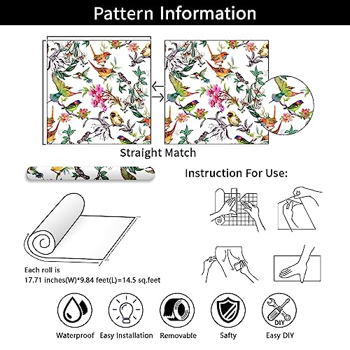 SOEWIOU 600x44.5cm Peel and Stick Waterproof Birds Pattern Vinyl Wallpaper for Living Room, Bedroom, Washroom and Cabinet