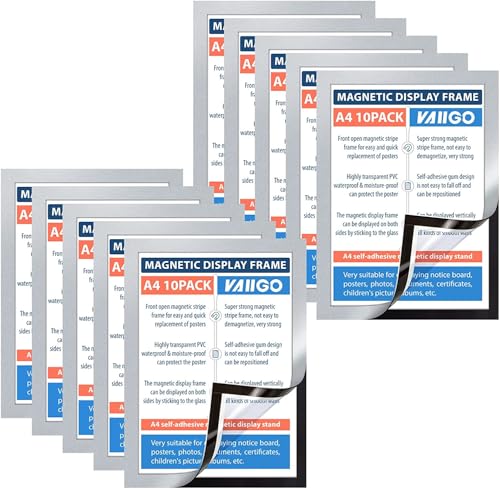 VAIIGO Marco magnético Autoadhesivo A4 información Marco, Pantalla de doble cara, para Licencia, Fotos, avisos, pared y ventanas（Plateado, 10 Unidades）
