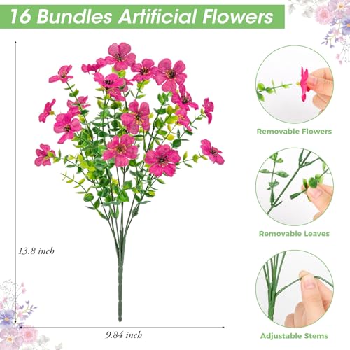 Image of Bassion 16 Bundles Artificial Flowers for Outdoors Fake Flowers, Fuschia | UV resistant, silk flowers, realistic faux plants for outdoor planter, window box porch patio garden home outside decor