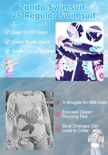 Image of Zando UPF50+ Girls Long Sleeve One Piece Swimsuit with Zipper - Rash Guard for Teens Toddler Kids 2-15 Years