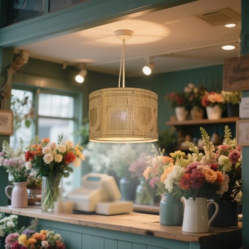 Image of Pendant Lamp Shade, Translucent Bamboo Made, 13.8x9 Inch, Modern Minimalist Style for Living Room, Bedroom (Colorful Pattern)