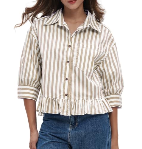 Womens Button Down Striped Shirts Peplum Ruffle Hem 3/4 Sleeve Casual Loose Babydoll Blouse Tops with Pocket
