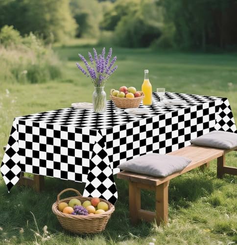 Image of SietDESEO 3 Pack Checkered Tablecloth Plastic Rectangle 54 x 108 Black and White Checkered Flag Table Cloth Disposable Plaid Table Cover for Race Car Birthday Baby Shower Picnic Party Supplies